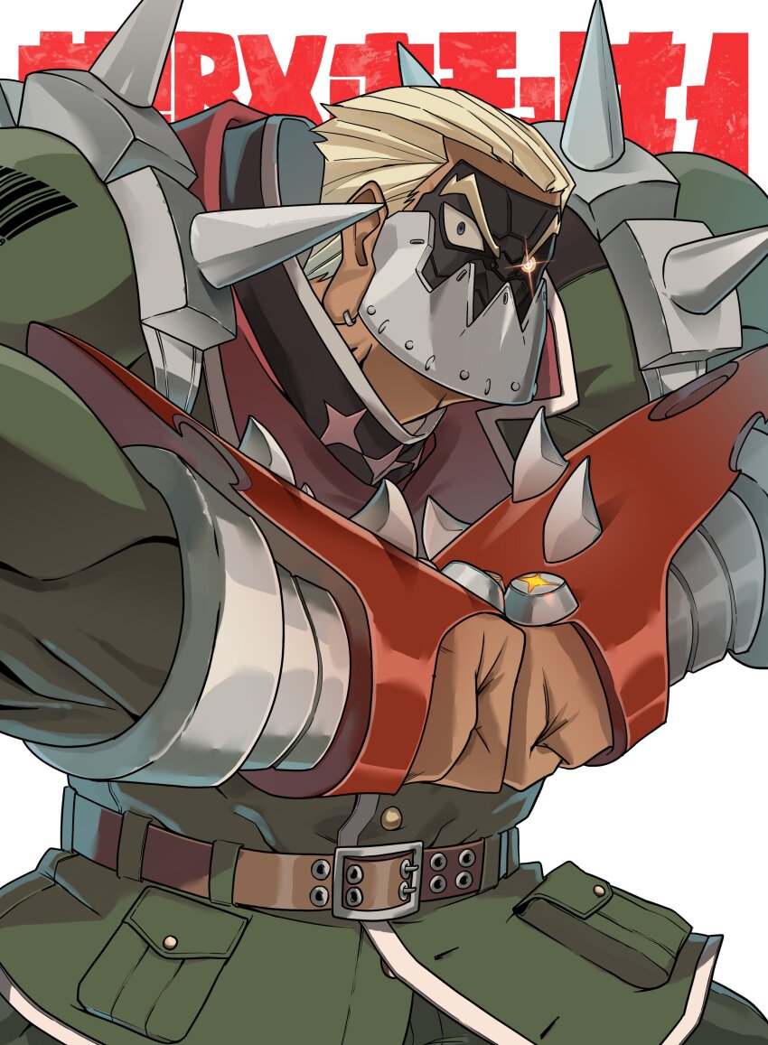 1boy absurdres blonde_hair clenched_hand cosplay dark-skinned_male dark_skin gamagoori_ira glint glowing glowing_eye green_jacket guilty_gear guilty_gear_strive highres jacket kill_la_kill male_focus muscular muscular_male potemkin_(guilty_gear) potemkin_(guilty_gear)_(cosplay) short_hair solo yuateheng