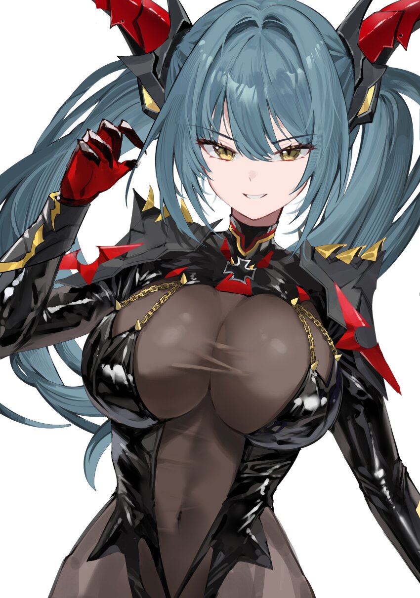 1girl absurdres azur_lane black_bodysuit bodysuit breasts chain covered_navel cross dragon_girl green_hair gurami_(zangizarang) highres iron_cross large_breasts latex latex_bodysuit long_sleeves regensburg_(azur_lane) simple_background solo white_background