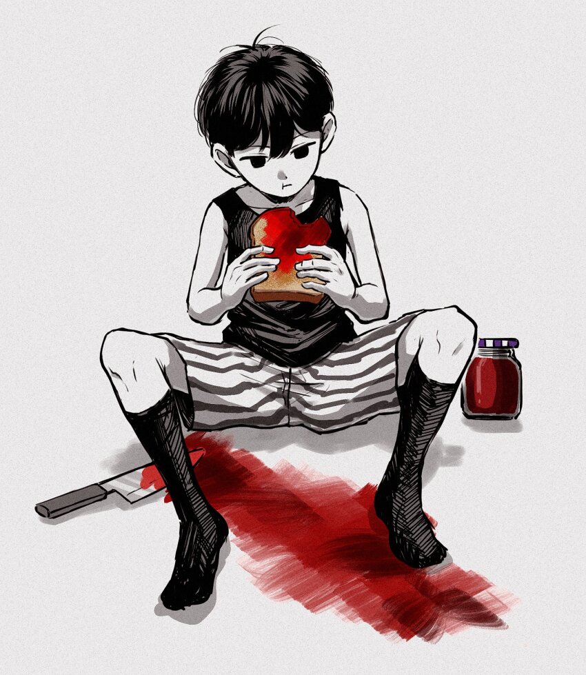 1boy black_eyes black_hair black_socks bread bread_slice closed_mouth colored_skin food highres holding holding_food jam jar k_toast knife omori omori_(omori) shorts simple_background sitting socks solo toast white_background white_skin
