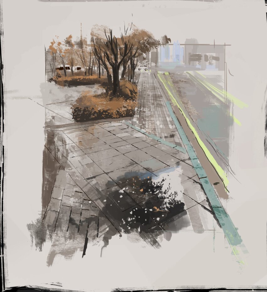 autumn building day highres no_humans original painting_(medium) path plant road sapling scenery sidewalk slow_d street tile_floor tiles traditional_media tree