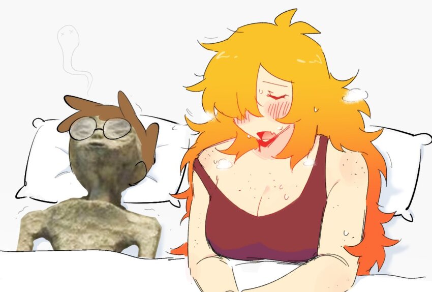 1boy 1girl aftersex alien bare_shoulders blonde_hair blush breasts brown_hair cleavage closed_eyes collarbone fang firemauer freckles gradient_hair grey_alien hair_over_one_eye large_breasts long_hair lying meme mexico_ufo_alien_bodies_hearing_(meme) multicolored_hair nerd_and_jock on_back open_mouth orange_hair pillow short_hair simple_background tiger_(nerd_and_jock)