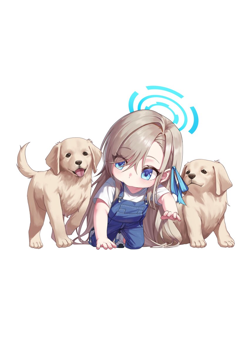 1girl absurdres aged_down alfie_(tmdals7645) asuna_(blue_archive) baby blonde_hair blue_archive blue_eyes blue_halo blue_ribbon crawling denim dog golden_retriever hair_ribbon halo highres long_hair puppy ribbon shirt white_shirt