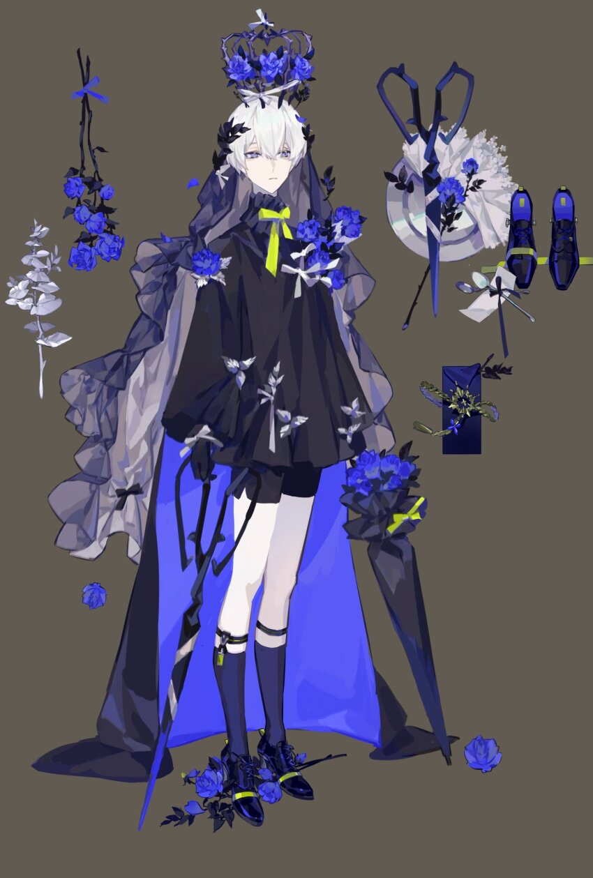 1boy black_shirt black_shorts black_umbrella blue_flower blue_rose bouquet bow bowtie cape crown flower full_body grey_background hair_between_eyes hair_ornament highres holding holding_umbrella jewelry liulianjingrua long_sleeves looking_at_viewer male_focus original puffy_long_sleeves puffy_sleeves ribbon rose scissors shirt shoes short_hair shorts simple_background socks solo standing umbrella veil white_hair