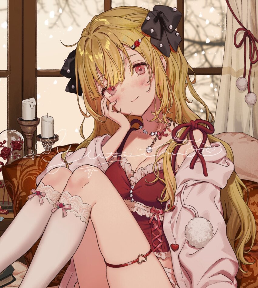 1girl black_bow blonde_hair blush bow breasts camisole candle cleavage closed_mouth commentary curtains hair_bow hair_ornament hand_on_own_cheek hand_on_own_face hand_up heart heart_o-ring highres indoors jacket kneehighs long_hair looking_at_viewer medium_breasts o-ring off_shoulder open_clothes open_jacket original red_camisole red_eyes signature sitting smile socks solo symbol-only_commentary thigh_strap white_jacket white_socks window yutsumoe