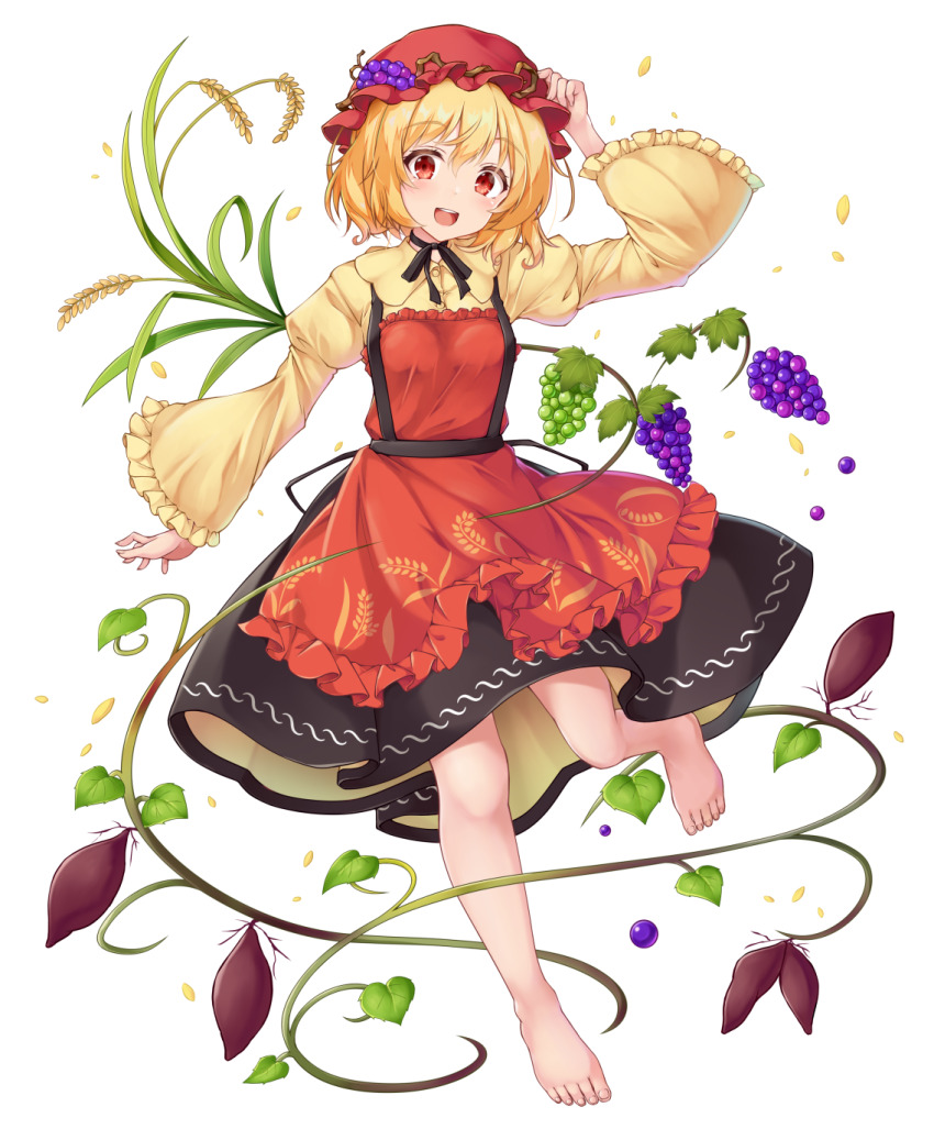 1girl aka_tawashi aki_minoriko apron barefoot black_skirt blonde_hair food fruit full_body game_cg grape_hat_ornament grapes hakurei_frontier_spell_strive hat highres leaf long_sleeves looking_at_viewer mob_cap official_art open_mouth print_apron red_apron red_eyes red_hat shirt skirt smile solo sweet_potato third-party_source toes touhou transparent_background wheat wheat_print wide_sleeves yellow_shirt
