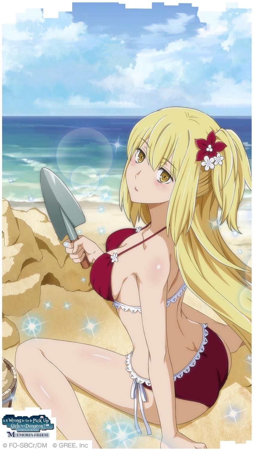 1girl aiz_wallenstein ass back barefoot beach bikini blush breasts butt_crack cloud copyright_name day dungeon_ni_deai_wo_motomeru_no_wa_machigatteiru_darou_ka female_focus flower from_behind hair_flower hair_ornament highres holding lens_flare long_hair looking_at_viewer looking_back medium_breasts ocean official_art outdoors red_bikini sand sand_castle sand_sculpture side-tie_bikini_bottom side_ponytail sideboob sitting sky solo spade sparkle swimsuit wariza water watermark