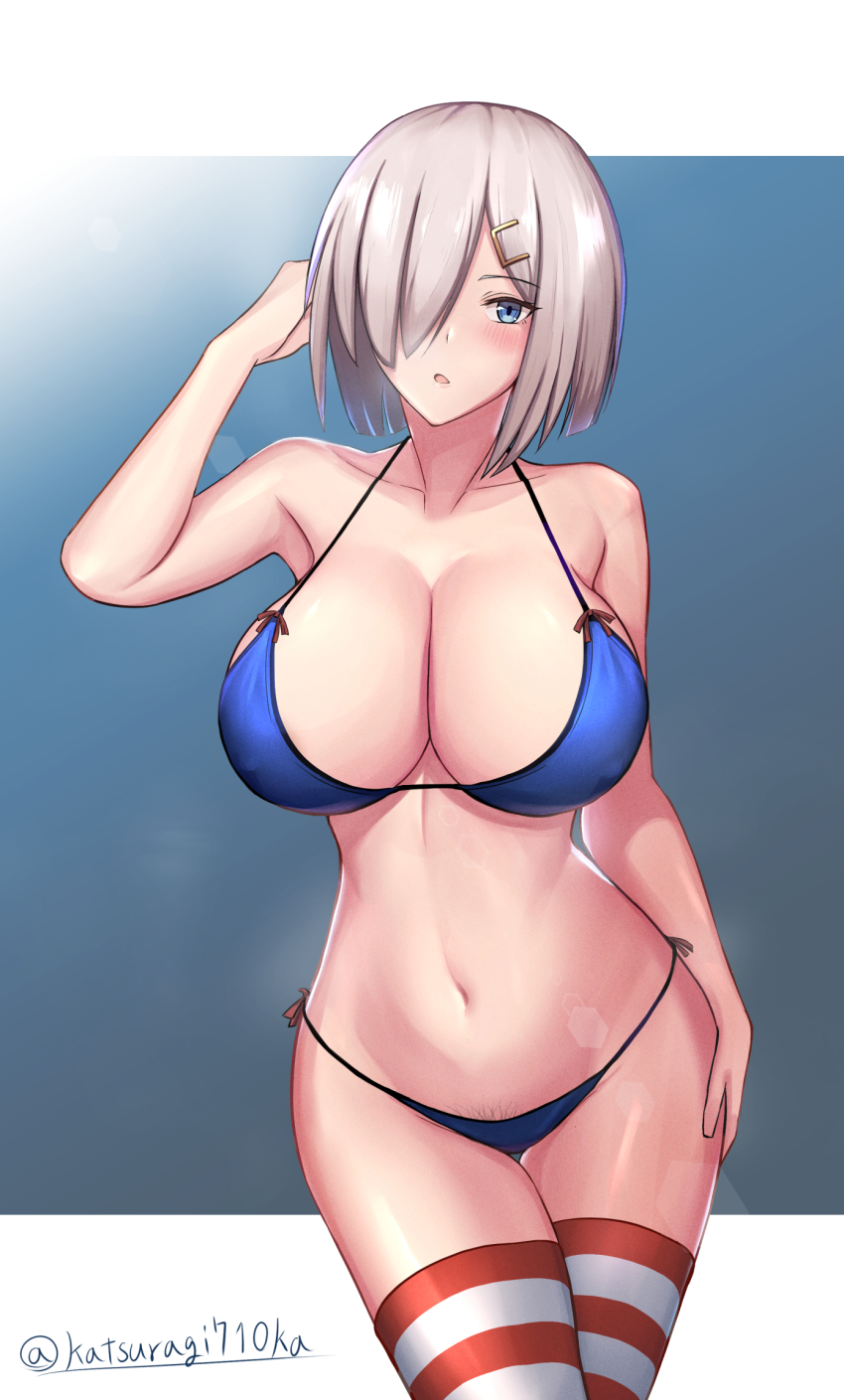 1girl arm_behind_back artist_name bikini blue_bikini blue_eyes blush border breasts cleavage collarbone commentary_request covered_erect_nipples cowboy_shot gradient_background grey_hair hair_ornament hair_over_one_eye hairclip hamakaze_(kancolle) highres horizontal-striped_thighhighs kantai_collection katsuragi_nantoka large_breasts letterboxed looking_at_viewer navel parted_lips pubic_hair_pull red_thighhighs short_hair solo standing stomach swimsuit thighhighs twitter_username white_border white_thighhighs