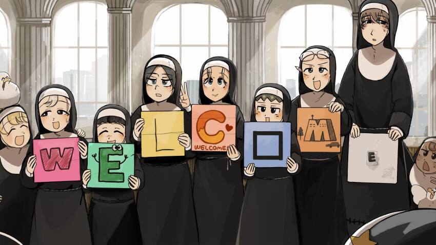6+girls :d bird black_hair blonde_hair blue_eyes brown_eyes brown_hair chicken chili_pepper clumsy_nun_(diva) commentary diva_(hyxpk) duck english_commentary eyewear_on_head froggy_nun_(diva) grey_eyes grey_hair highres holding holding_sign little_nuns_(diva) multiple_girls nun open_mouth pencil pencil_behind_ear sign smile star_nun_(diva) star_ornament traditional_nun triangle_mouth