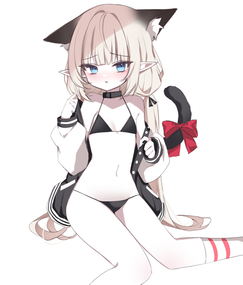 1girl absurdres animal_ears artist_request bikini black_bikini black_jacket blonde_hair blue_eyes blush cat_ears cat_tail commission hands_up highres jacket kneehighs long_hair long_sleeves looking_at_viewer multicolored_jacket navel off_shoulder open_clothes open_jacket original parted_lips pointy_ears second-party_source simple_background sitting socks solo stomach swimsuit tail twintails two-tone_jacket very_long_hair white_background white_jacket white_socks