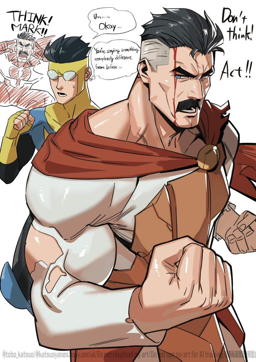 2boys black_hair blue_eyes bodysuit cape clenched_hands english_text facial_hair father_and_son fingerless_gloves gloves grey_hair highres invincible_(character) invincible_(series) male_focus mark_grayson mature_male meme multiple_boys muscular muscular_male mustache nolan_grayson omni-man red_cape superhero_costume sweatdrop think_mark_think!_(meme) tobo_katsuo torn_bodysuit torn_clothes twitter_username watermark