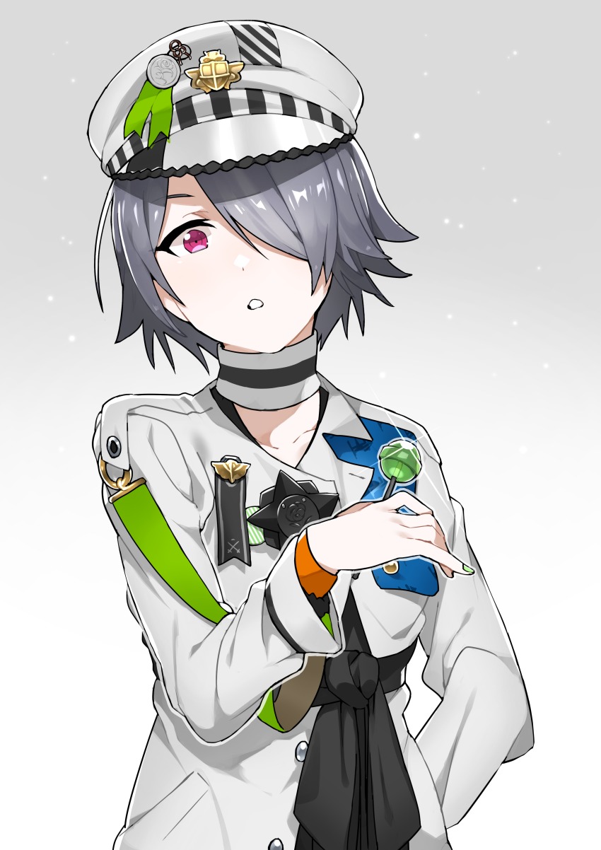 1girl absurdres candy choker collarbone female_focus food glint gradient_background green_nails grey_hair hair_over_one_eye hand_on_own_hip hat highres holding holding_candy holding_food holding_lollipop isabella_(love_live!) jacket lollipop long_sleeves looking_at_viewer love_live! love_live!_school_idol_festival medal military military_hat military_uniform nail_polish red_eyes sash short_hair solo tori_(game28) upper_body white_choker white_hat white_jacket