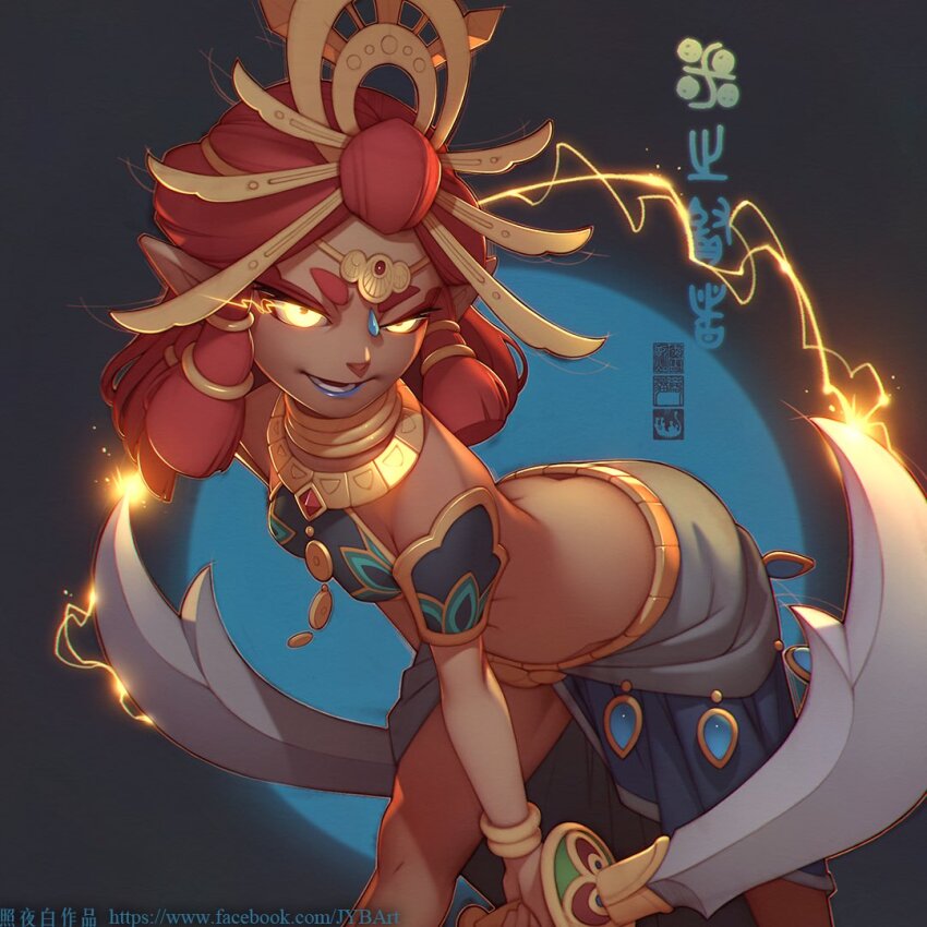 1girl black_background breasts dark-skinned_female dark_skin electricity gold holding holding_weapon jewelry lipstick looking_at_viewer makeup nintendo open_mouth orange_hair riju ring scimitar skirt small_breasts smile sword the_legend_of_zelda the_legend_of_zelda:_tears_of_the_kingdom weapon yellow_eyes zhaoyebai