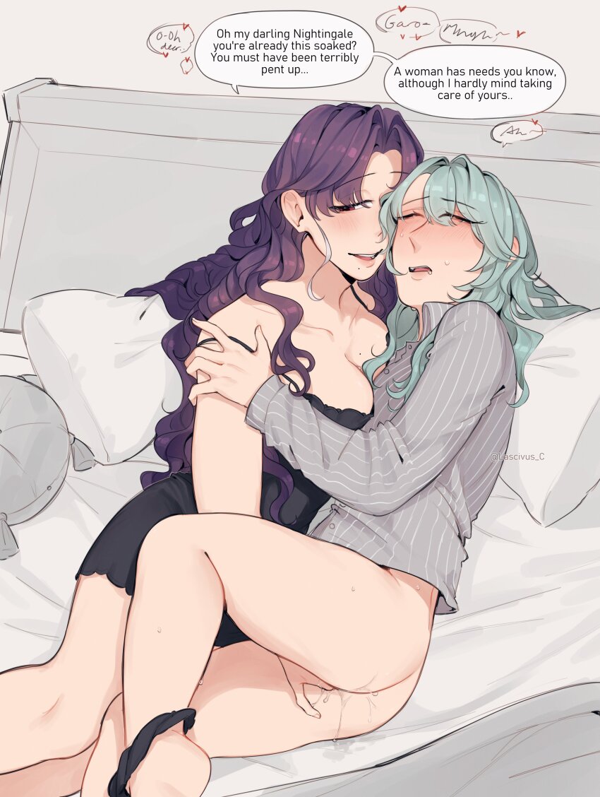2girls absurdres aqua_hair black_dress black_panties blush breast_press breasts cleavage closed_eyes commentary dress english_commentary english_text fingering garofano_(path_to_nowhere) highres korichi_celeste large_breasts long_hair mole mole_on_breast mole_under_mouth multiple_girls nightingale_(path_to_nowhere) on_bed open_mouth panties panties_around_one_ankle parted_lips path_to_nowhere pillow purple_hair pussy_juice red_eyes smile speech_bubble sweat underwear yuri