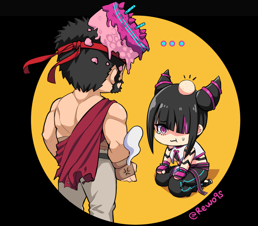 absurdres angry annoyed birthday birthday_cake cake food gloves han_juri headband highres muscular muscular_male non-web_source rewoqs ryu_(street_fighter) seiza simple_background sitting spiked_gloves spiked_hair street_fighter street_fighter_6