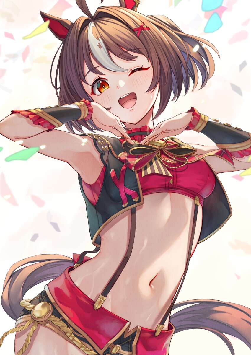1girl absurdres ahoge animal_ears armpits blush breasts brown_eyes brown_hair commentary_request confetti gran_alegria_(umamusume) hair_between_eyes hair_ornament highres horse_ears horse_girl horse_tail iam_(tetsu0ekaki) looking_at_viewer medium_breasts medium_hair navel one_eye_closed shorts solo tail umamusume x_hair_ornament