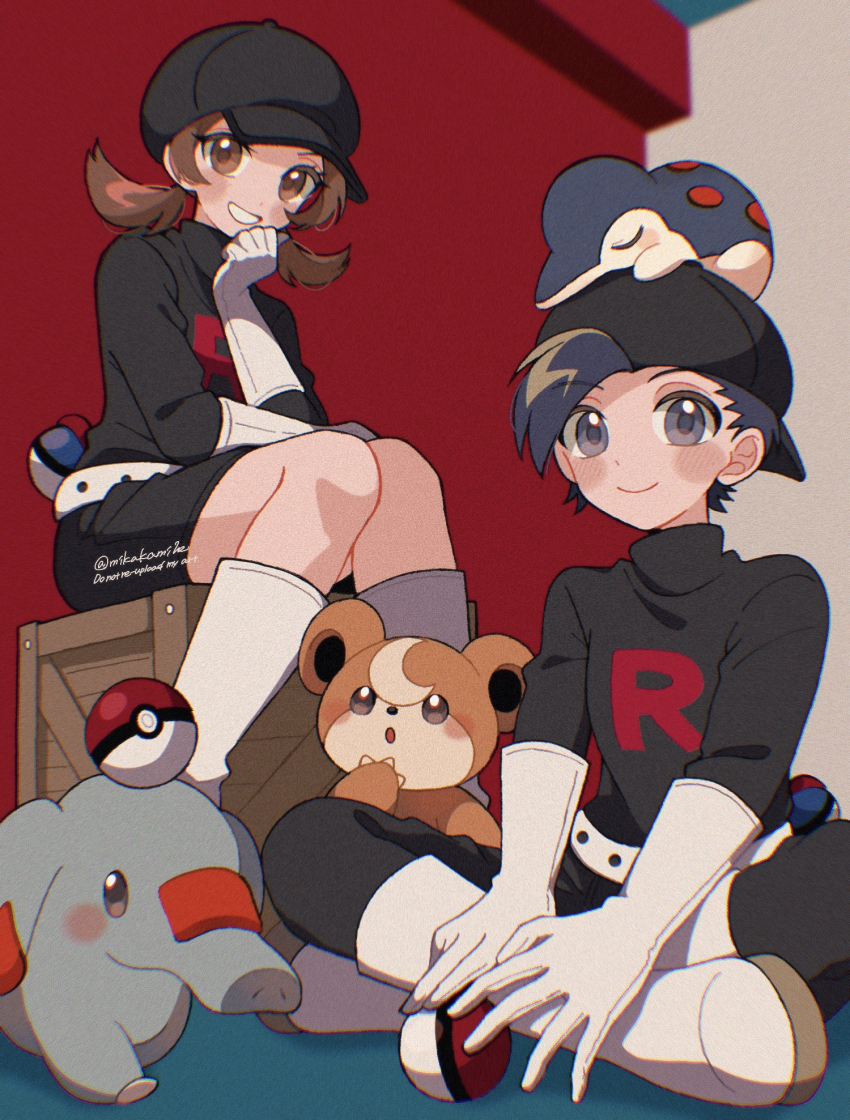 1boy 1girl :o belt black_eyes black_hair black_shirt black_skirt blush blush_stickers boots brown_eyes brown_hair closed_mouth commentary_request crate crossed_legs cyndaquil ethan_(pokemon) gen_2_pokemon gloves great_ball hand_on_own_chin highres looking_at_viewer lyra_(pokemon) medium_hair mikakami1e nintendo on_head phanpy poke_ball poke_ball_(basic) pokemon pokemon_(creature) pokemon_hgss pokemon_on_head redrawn shirt short_hair sitting skirt smile team_rocket team_rocket_uniform teddiursa teeth twintails white_belt white_boots white_gloves