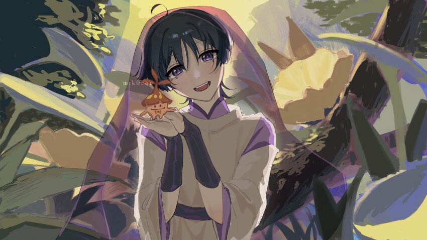 1boy ahoge aranara_(genshin_impact) armor artist_name black_hair blunt_ends clothing_cutout creature creature_on_hand facing_viewer forest genshin_impact hair_between_eyes head_tilt highres japanese_armor japanese_clothes kariginu kimono kote kurokote layered_clothes layered_kimono layered_sleeves long_sleeves looking_at_viewer male_focus mik0chn nature open_mouth own_hands_together plant purple_eyes purple_kimono purple_sash purple_sleeves purple_veil sash scaramouche_(genshin_impact) scaramouche_(kabukimono)_(genshin_impact) see-through_clothes see-through_veil shoulder_cutout solo teeth tongue tree upper_body v-neck veil white_sleeves wide_sleeves