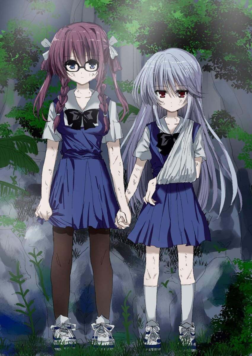 2girls aged_down arm_at_side black-framed_eyewear black_bow black_pantyhose blue_eyes blue_hair blue_vest bow braid broken_arm child dirty dirty_face eyes_visible_through_hair full_body glasses grisaia_(series) grisaia_no_kajitsu hair_between_eyes hair_intakes hair_ribbon highres holding_hands interlocked_fingers kasukasugom1 kazami_kazuki kneehighs light_blue_hair long_hair looking_at_viewer low_twin_braids medium_hair multiple_girls outdoors pantyhose pleated_skirt purple_hair red_eyes ribbon school_uniform shirt shoes short_sleeves skirt sneakers socks standing straight-on suou_amane twin_braids twintails very_long_hair vest white_footwear white_ribbon white_shirt white_socks