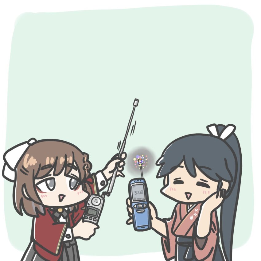 1girl 2girls asahi_(kancolle) black_hair black_hakama brown_hair cellphone closed_eyes coat cordless_phone ferret-san flip_phone grey_eyes hakama hakama_skirt hand_on_own_face highres houshou_(kancolle) japanese_clothes kantai_collection kimono long_hair multiple_girls phone pink_kimono ponytail red_coat ribbon short_hair skirt solo white_ribbon