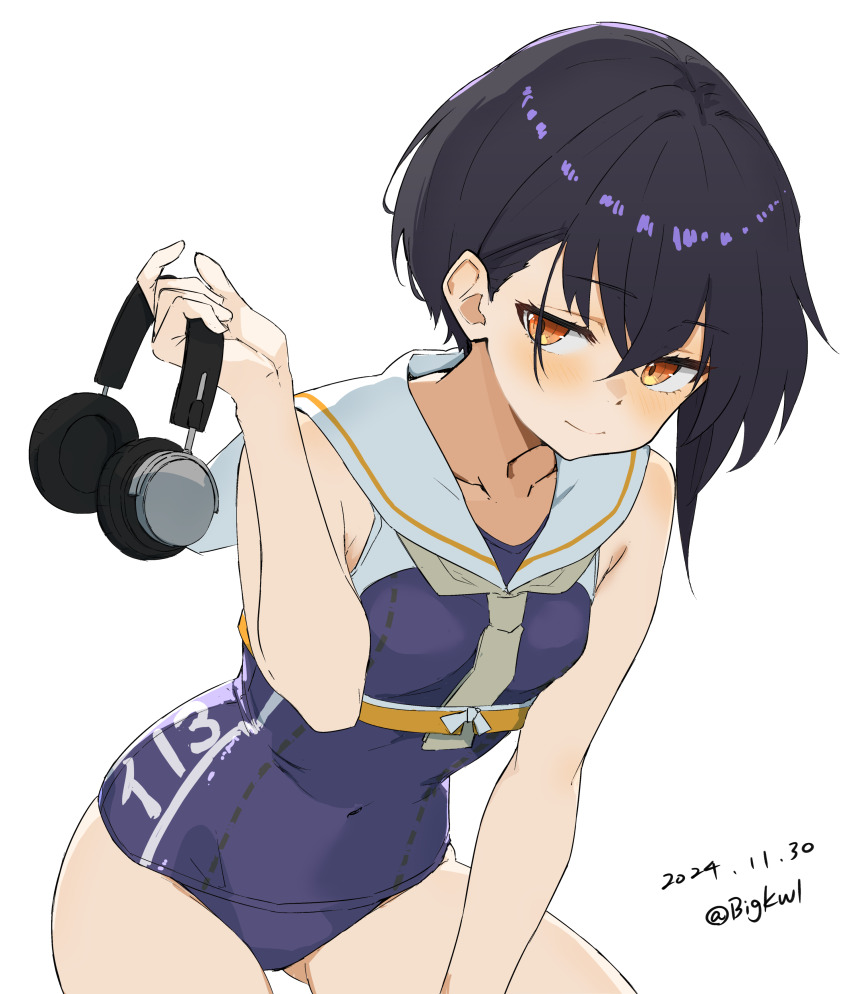 absurdres asymmetrical_hair bigkwl black_hair black_one-piece_swimsuit blush breasts brown_eyes framed_breasts grey_neckerchief hair_between_eyes headphones headphones_removed highres i-13_(kancolle) kantai_collection looking_at_viewer neckerchief one-piece_swimsuit sailor_collar school_swimsuit short_hair smile swimsuit swimsuit_under_clothes