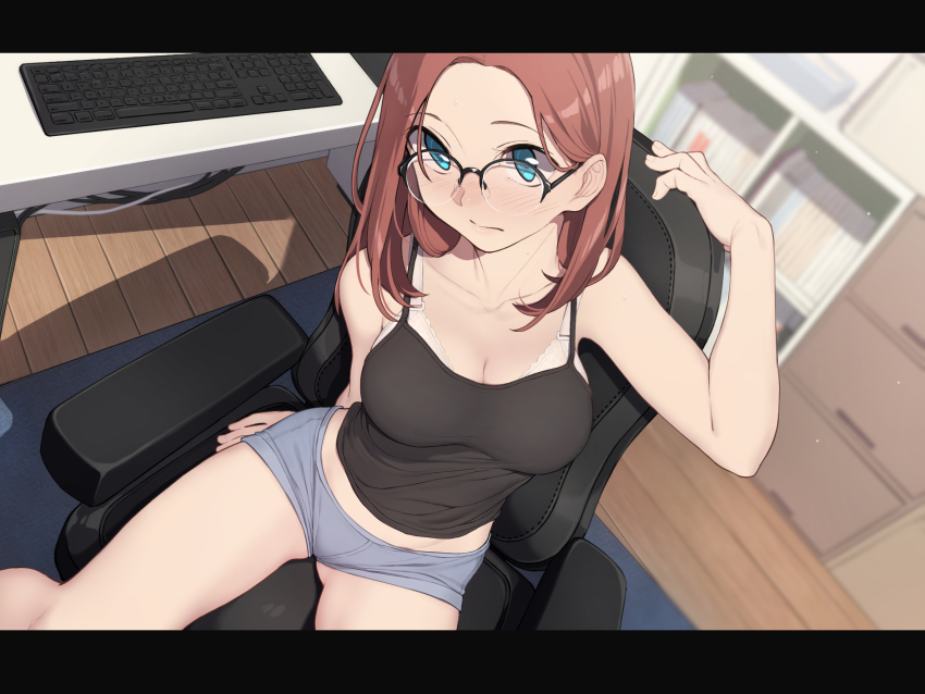 1girl bare_arms bare_shoulders black-framed_eyewear black_camisole blue_eyes blush bra breasts brown_hair camisole carpet chair closed_mouth collarbone glasses grey_shorts highres indoors computer_keyboard large_breasts long_hair looking_at_viewer looking_up nagioka original over-rim_eyewear semi-rimless_eyewear shorts sitting solo table underwear white_bra wooden_floor