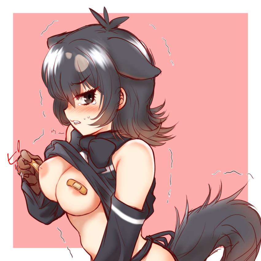 absurdres animal_ears bandaid bandaids_on_nipples bare_shoulders black_hair blush bow bowtie breasts brown_hair detached_sleeves extra_ears fang gloves hakumaiya highres inverted_nipples kemono_friends kemono_friends_3 large_breasts looking_at_viewer multicolored_hair pasties shirt short_hair tail tasmanian_devil_(kemono_friends) tasmanian_devil_ears tasmanian_devil_tail