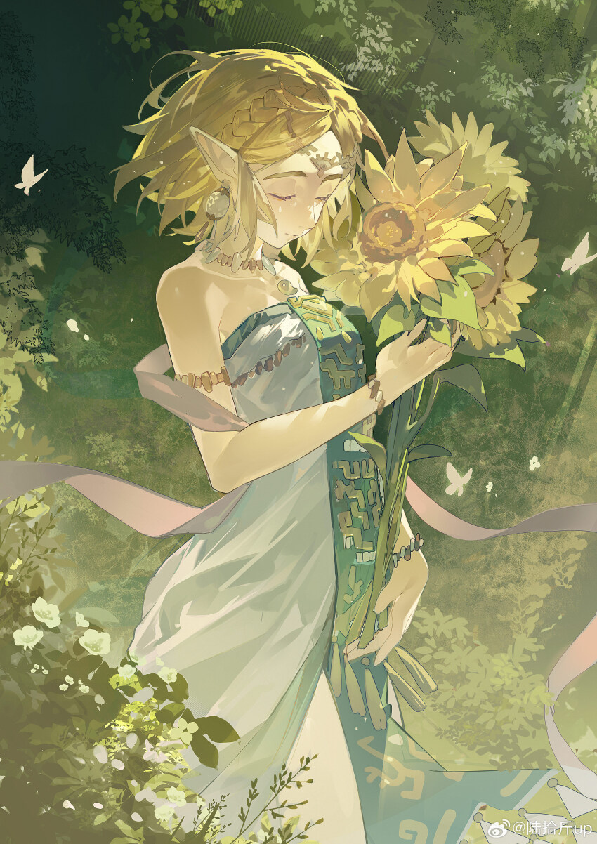 1girl absurdres aqua_tabard armlet bare_shoulders blonde_hair bouquet bracelet braid bug bush butterfly chest_jewel choker circlet closed_eyes closed_mouth cowboy_shot crown_braid dress dutch_angle earrings eye_print eyelashes floating_clothes floating_hair flower fringe_trim gold_circlet highres holding holding_bouquet insect jewelry light_particles long_dress lushi_jin_up nintendo pelvic_curtain pointy_ears princess_zelda secret_stone short_hair sidelocks smile solo sphere_earrings strapless strapless_dress sunflower the_legend_of_zelda the_legend_of_zelda:_tears_of_the_kingdom walking watermark weibo_watermark white_dress white_flower yellow_flower