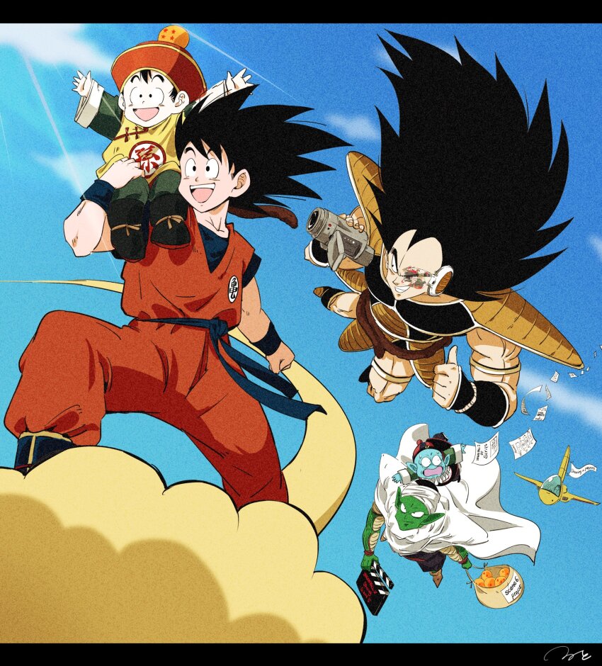 5boys arms_up black_hair brothers camera cloak cloud collarbone commentary_request dougi dragon_ball dragon_ball_(object) dragonball_z english_text father_and_son flying flying_nimbus grin happy highres holding holding_camera long_hair mai_(dragon_ball) multiple_boys muscular muscular_male open_mouth paper parent_and_child piccolo pilaf raditz ruto830 saiyan_armor scouter short_hair shuu_(dragon_ball) siblings smile son_gohan son_goku spiked_hair thumbs_up turban uncle_and_nephew white_cloak white_turban