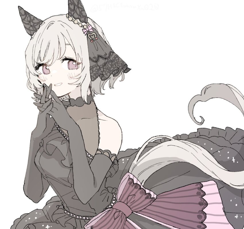 1girl animal_ears beads black_dress black_gloves bow curren_chan_(sakutsuki_ma_cherie)_(umamusume) curren_chan_(umamusume) dress ear_covers elbow_gloves gloves hair_beads hair_ornament horse_ears horse_girl horse_tail kaiware_(user_kamu3357) medium_hair purple_bow purple_eyes simple_background sketch smile tail umamusume wedding_dress white_background white_hair