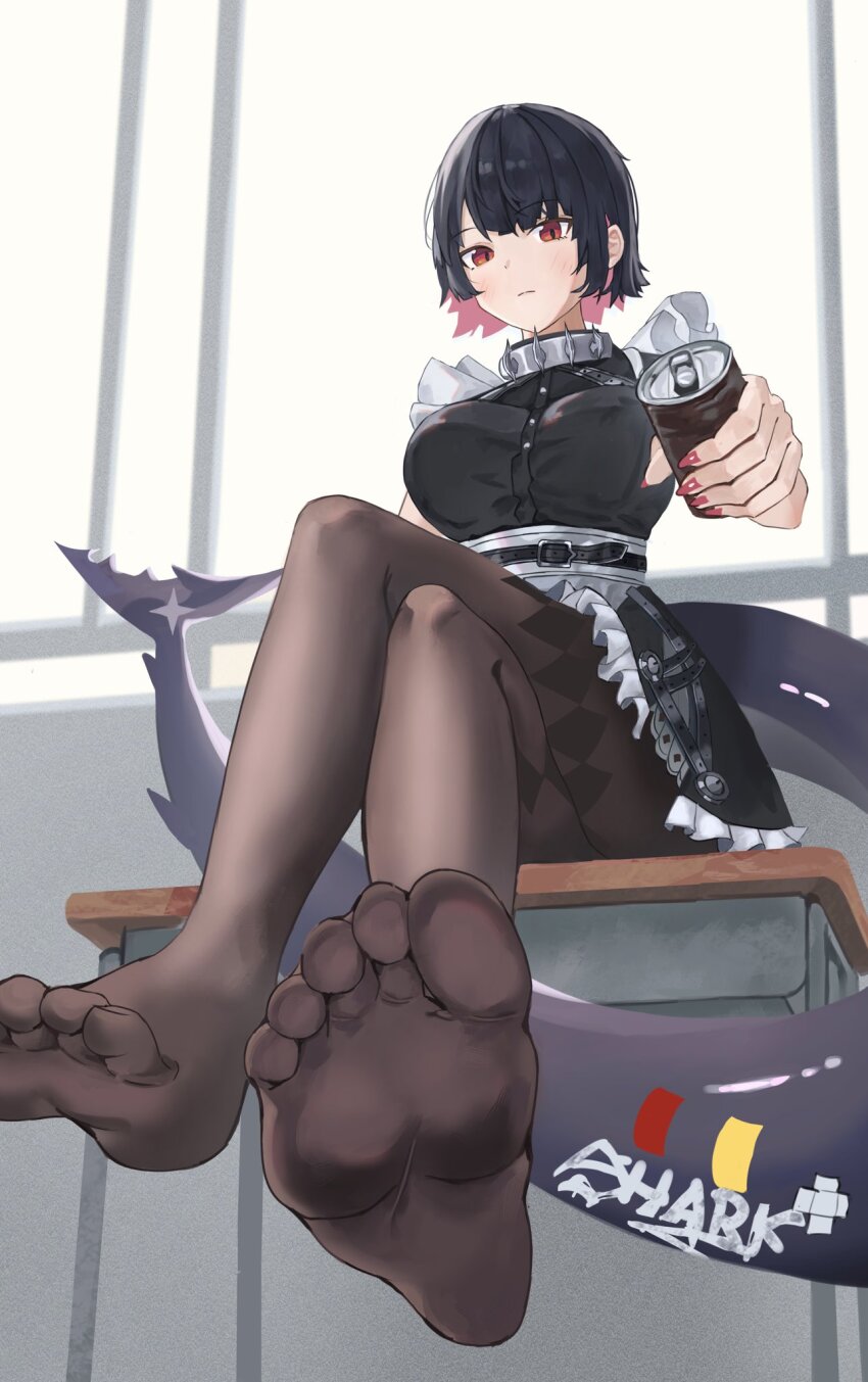 1girl black_dress black_hair black_pantyhose breasts can dress ellen_joe feet fins fish_tail foot_focus highres holding holding_can looking_at_viewer medium_breasts pantyhose red_eyes red_nails shark_girl shark_tail short_hair sitting sitting_on_table solo tail takiren zenless_zone_zero