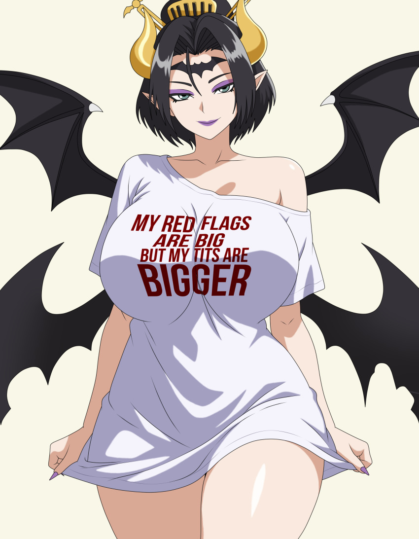 1girl absurdres alternate_costume black_hair blue_eyes breasts closed_mouth clothes_writing collarbone commentary cowboy_shot curvy demon_girl demon_horns demon_wings digimon digimon_(creature) eyeshadow facial_mark forehead_mark hair_ornament hair_stick highres horns large_breasts lilithmon looking_at_viewer makeup meme multiple_wings my_red_flags_are_big_but_my_boobs_are_bigger_(meme) parted_bangs pointy_ears purple_eyeshadow purple_lips purple_nails shiny_skin shirt short_hair short_sleeves simple_background single_bare_shoulder smile solo standing t-shirt tsubasadraw white_shirt wide_hips wings