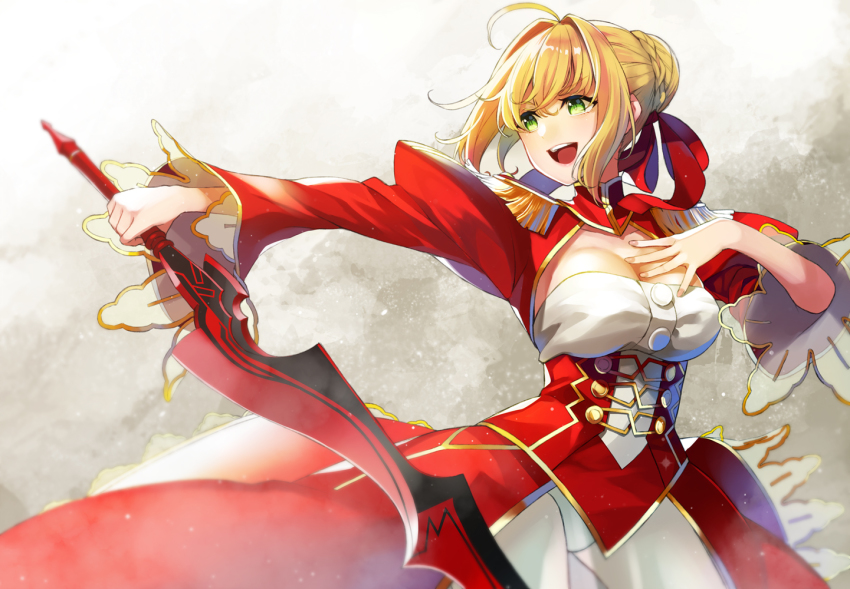 10s 1girl aestus_estus ahoge blonde_hair braid breasts cleavage commentary_request dress epaulettes fate/extra fate_(series) female_focus french_braid green_eyes hair_intakes hair_ribbon juliet_sleeves large_breasts long_sleeves nero_claudius_(fate) nero_claudius_(fate/extra) open_mouth puffy_sleeves red_dress red_ribbon retsuna ribbon see-through_clothes solo sword weapon wide_sleeves