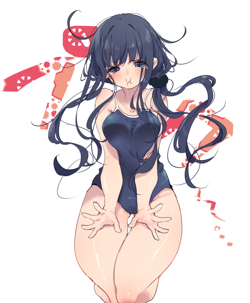 1girl :i black_hair black_one-piece_swimsuit black_scrunchie blush breasts breasts_squeezed_together closed_mouth collarbone commentary_request competition_school_swimsuit floating_hair furrowed_brow gluteal_fold hair_ornament hair_scrunchie hamayumiba_sou hanayamata highres large_breasts legs_up long_hair looking_at_viewer loose_hair_strand nishimikado_tami one-piece_swimsuit pout school_swimsuit scrunchie simple_background solo swimsuit tearing_up thick_thighs thighs very_long_hair white_background