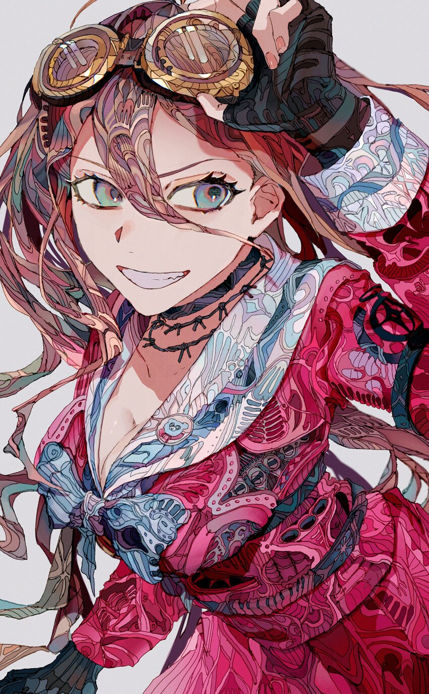 1girl absurdres antenna_hair barbed_wire black_choker black_gloves blonde_hair bow bowtie breasts choker cleavage collarbone danganronpa_(series) danganronpa_v3:_killing_harmony fingerless_gloves glasses gloves green_bow green_bowtie green_eyes grey_background grin hair_between_eyes highres iruma_miu large_breasts long_hair looking_at_viewer nail_polish simple_background smile solo upper_body yadu_nadu