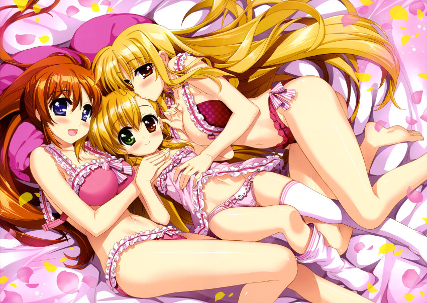 10s 3girls absurdres barefoot blonde_hair bra breasts cleavage fate_testarossa feet fujima_takuya heterochromia highres large_breasts lingerie lyrical_nanoha mahou_shoujo_lyrical_nanoha mahou_shoujo_lyrical_nanoha_vivid multiple_girls no_shoes official_art open_bra open_clothes open_shirt panties shirt string_panties takamachi_nanoha thighhighs underwear vivio