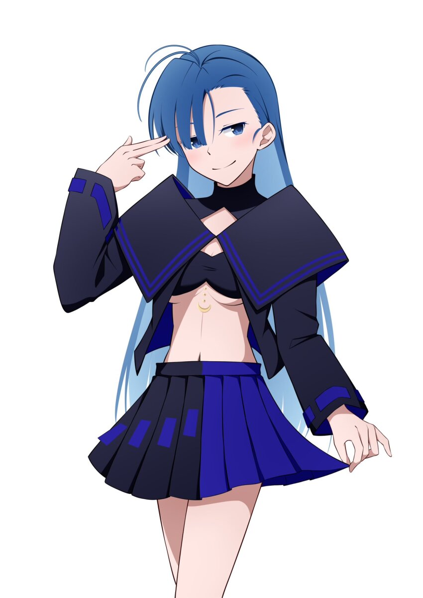 1girl ado_(utaite) ahoge black_shirt black_skirt blue_eyes blue_hair blue_skirt breasts closed_mouth commentary_request cosplay finger_gun finger_gun_to_head highres long_hair long_sleeves looking_at_viewer medium_breasts merry_(ado) naima_(ado) naima_(ado)_(cosplay) navel nori_(norinori_yrl) open_clothes open_shirt pleated_skirt readymade_(ado) shirt simple_background skirt solo stomach two-tone_skirt underboob usseewa white_background