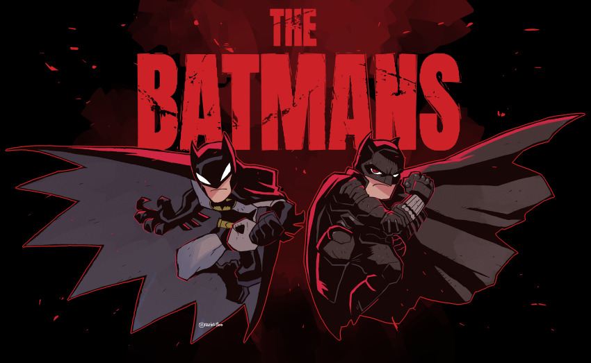 2boys absurdres airborne batman batman_(series) belt black_bodysuit black_cape black_footwear bodysuit boots bruce_wayne cape chibi clenched_hand copyright_name dc_comics frown grey_bodysuit highres looking_at_viewer male_focus multiple_boys name_connection open_hand rariatto_(ganguri) red_eyes superhero_costume the_batman_(2022) the_batman_(cartoon) utility_belt yellow_belt