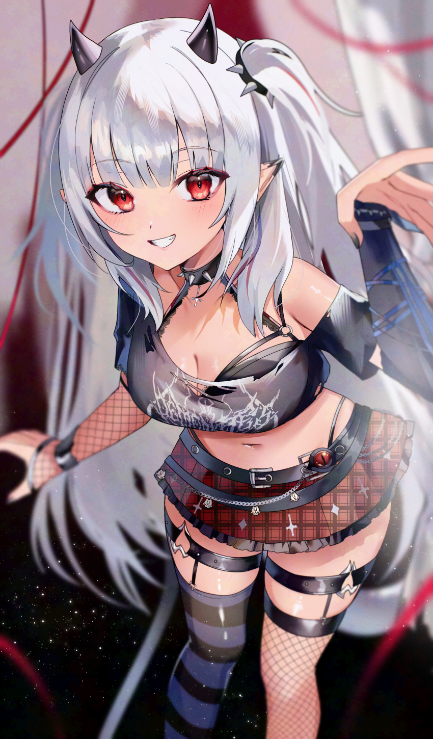 1girl absurdres asymmetrical_legwear belt black_belt black_bra black_horns black_nails blue_thighhighs bra bra_strap breasts chain cleavage collar commission fishnet_sleeves fishnet_thighhighs fishnets hair_ornament heart heart_o-ring highres horns indie_virtual_youtuber long_hair lowleg lowleg_skirt lucy_pyre midriff mismatched_legwear navel o-ring off-shoulder_shirt off_shoulder panty_straps plaid_clothes plaid_skirt pointy_ears punk red_eyes red_skirt shirt skeb_commission skirt smile solo spiked_collar spikes striped_clothes striped_thighhighs tanaka_(tps9g) thighhighs torn_clothes torn_shirt twintails underwear virtual_youtuber white_hair