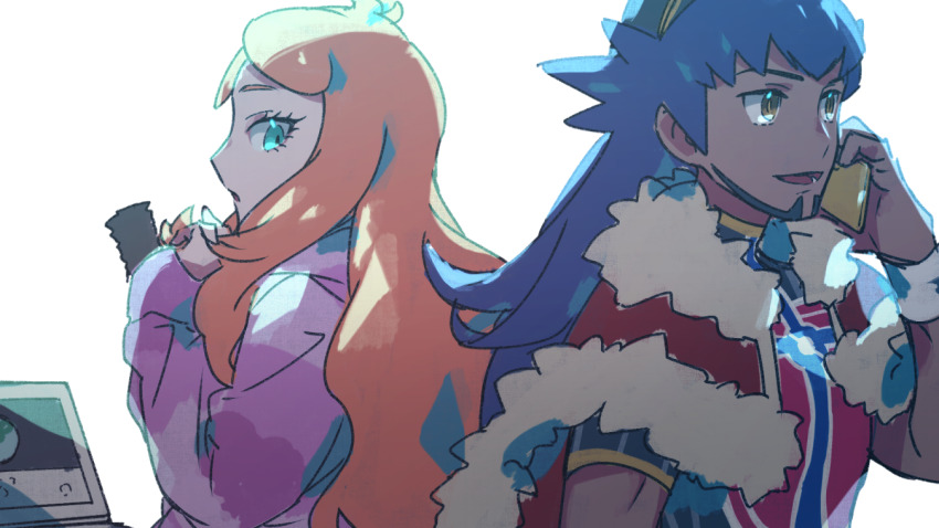1boy 1girl back-to-back baseball_cap cape champion_uniform dark-skinned_male dark_skin eyelashes facial_hair fur-trimmed_cape fur_trim green_eyes hair_down hat holding leon_(pokemon) long_hair long_sleeves looking_back lower_teeth_only nintendo open_mouth orange_hair pokemon pokemon:_twilight_wings pokemon_swsh purple_hair red_cape shirt short_sleeves sketch sonia_(pokemon) suruga_dbh teeth tongue upper_body yellow_eyes