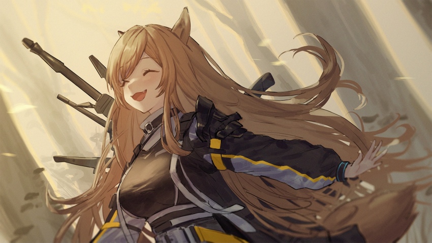 1girl :d ^_^ animal_ears arknights black_jacket blush breasts brown_hair ceobe_(arknights) closed_eyes day dog_ears dog_girl dog_tail closed_eyes fang forest highres jacket jfjf large_breasts long_hair long_sleeves nature open_clothes open_jacket open_mouth outdoors outstretched_arms revision smile solo tail underbust upper_body very_long_hair weapon weapon_on_back