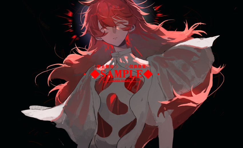 1other absurdres androgynous black_background chinese_commentary chinese_text closed_mouth commentary_request english_text expressionless hair_between_eyes highres houseki_no_kuni kuma_(yoooooooo152) long_hair looking_at_viewer mixed-language_text other_focus padparadscha_(houseki_no_kuni) red_eyes red_hair sample_watermark solo upper_body very_long_hair watermark