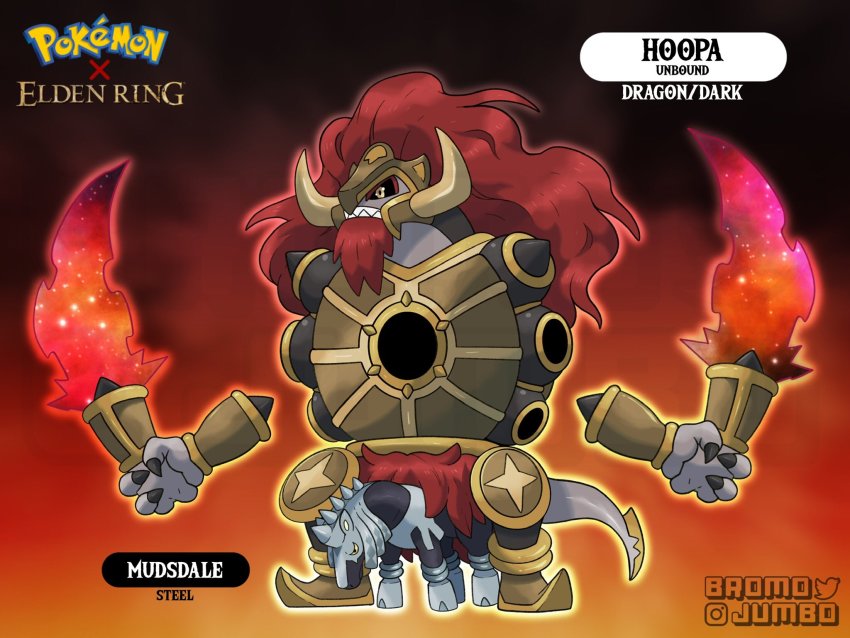artist_name black_sclera bromojumbo character_name colored_sclera copyright_name crossover elden_ring gen_6_pokemon highres holding holding_weapon hoopa hoopa_(unbound) horse legendary_pokemon long_hair mythical_pokemon nintendo no_humans pokemon pokemon_(creature) red_background starscourge_radahn teeth weapon yellow_eyes