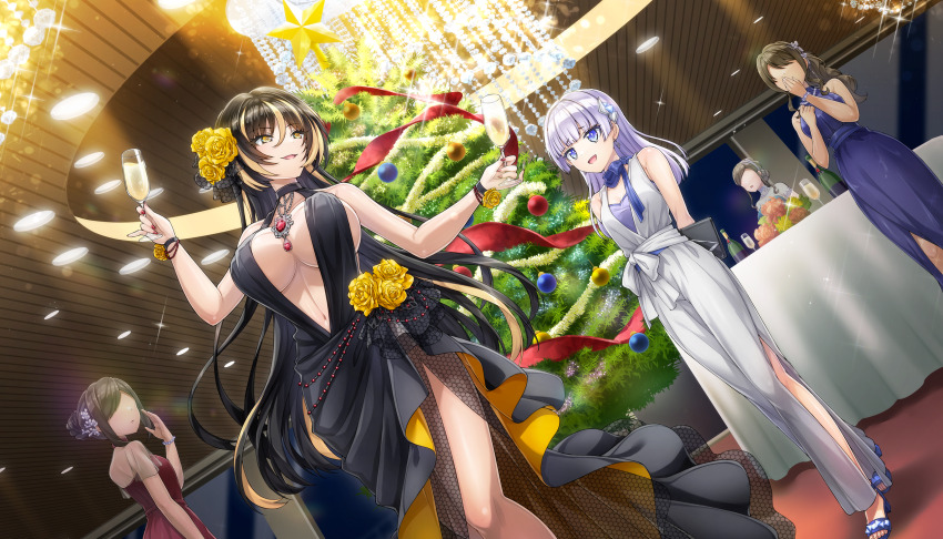 2girls alcohol amadea_wolfa bare_shoulders black_dress black_hair blonde_hair blue_eyes breasts champagne christmas_tree cup dolphin_wave dress drinking_glass earrings flower game_cg hair_flower hair_ornament highres holding holding_cup jewelry large_breasts long_hair looking_at_another medium_breasts multicolored_hair multiple_girls navel non-web_source official_art ootomo_takuji open_mouth pendant purple_hair red_nails scarf schnee_weissberg smile striped_hair very_long_hair white_dress wine_glass wristband yellow_eyes