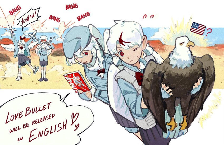 4girls american_flag angel_wings animal assault_rifle bald_eagle bird book chiyo_(love-bullet) commentary dual_wielding eagle ena_(love-bullet) english_commentary english_text firing firing_into_the_air gun highres holding holding_animal holding_book holding_gun holding_manga holding_weapon ineesan kanna_(love-bullet) koharu_(love-bullet) love-bullet manga_(object) multicolored_hair multiple_girls official_art one_eye_closed patriotism red_eyes rifle speech_bubble streaked_hair submachine_gun weapon white_hair wings