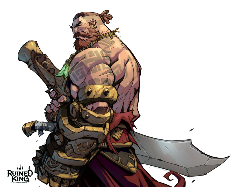 1boy aron_lusen beard brown_hair cloak copyright_name cowboy_shot earrings facial_hair from_side gangplank_(league_of_legends) gauntlets grey_background gun hicham_habchi highres holding holding_gun holding_weapon jewelry league_of_legends male_focus monochrome muscular muscular_male mustache official_alternate_costume official_art oversized_object red_cloak ruined_king:_a_league_of_legends_story short_hair shoulder_tattoo simple_background solo sword tattoo torn_cloak torn_clothes weapon white_background