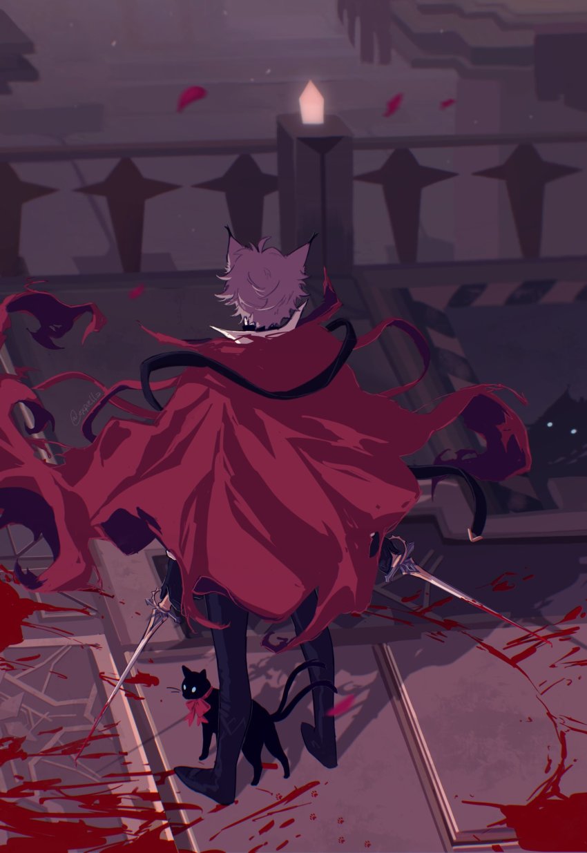 1boy animal_ears arknights black_boots black_cat black_gloves blood bloody_weapon boots cape cat cat_boy cat_ears miss_christine_(arknights) commentary english_commentary facing_away gloves highres holding holding_sword holding_weapon indoors male_focus mao_(expuella) phantom_(arknights) phantom_(focus)_(arknights) pool_of_blood rapier red_cape short_hair solo sword thigh_boots torn_cape torn_clothes twitter_username weapon white_hair