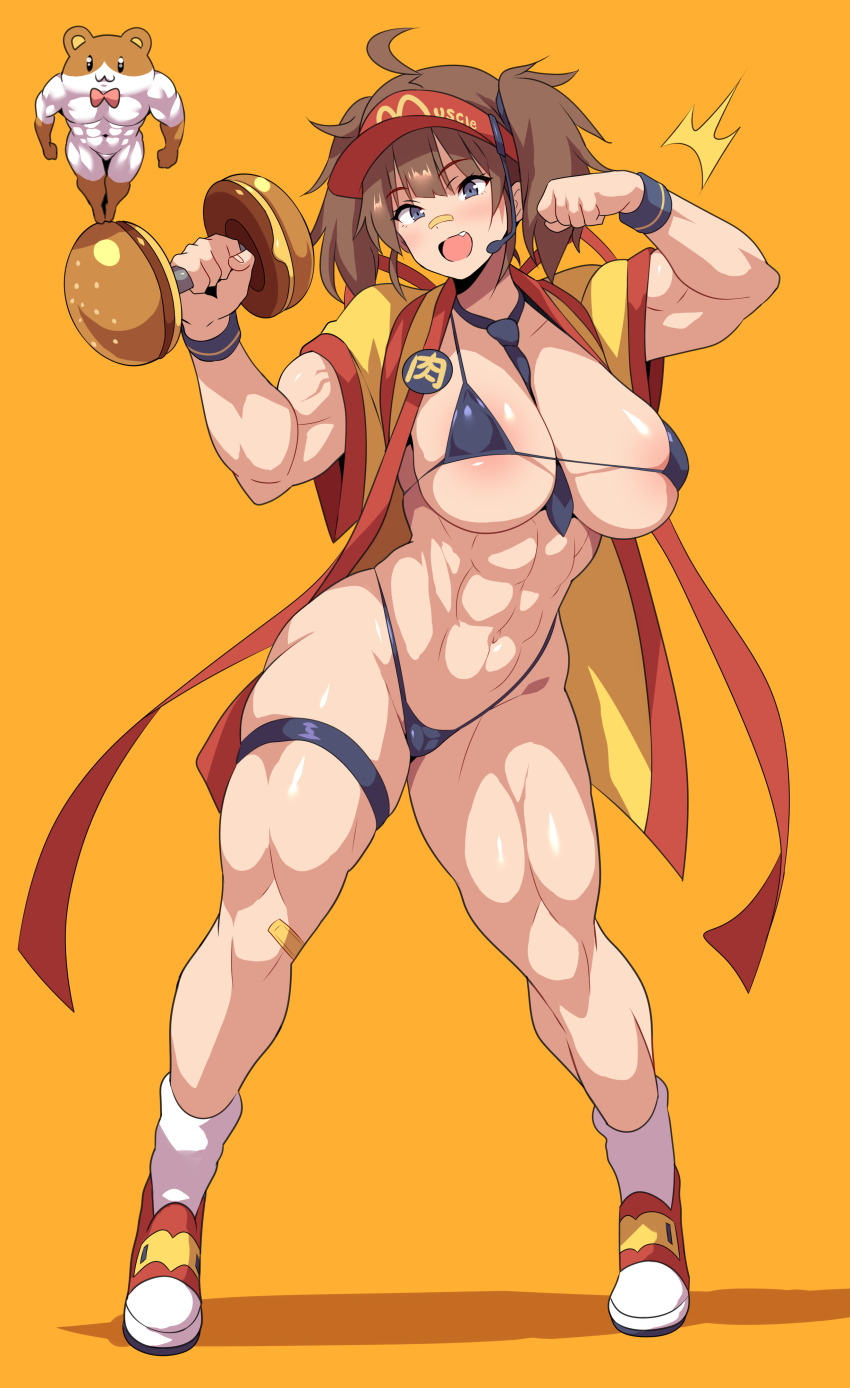 1girl abs absurdres ahoge alternate_breast_size alternate_muscle_size badge biceps bikini black_bikini black_eyes breasts brown_hair burger button_badge cameltoe cleavage employee_uniform exercising fast_food_uniform flexing food happi hat headset highres imadake_dabuchi_tabemi japanese_clothes konno_tohiro large_breasts looking_at_viewer mcdonald&#039;s muscular muscular_female navel necktie obliques open_happi open_mouth shirt simple_background smile solo striped_clothes striped_shirt swimsuit thick_thighs thighs tie_clip twintails visor_cap weightlifting yellow_happi