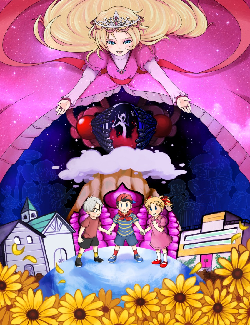 ana_(mother) backwards_hat black_hair blonde_hair blue_eyes brown_eyes building carol_(mother) church dress emcee eve_(mother) flower flying_man giygas glasses grey_hair hair_ribbon hat highres holding_hands lloyd&#039;s_father_(mother) lloyd_(mother) mimmie_(mother) minnie_(mother) mother_(series) mother_1 neckerchief ninten nintendo open_mouth petals pink_dress pippi queen_mary red_ribbon ribbon shirt shorts striped_clothes striped_shirt teddy_(mother) tiara twintails