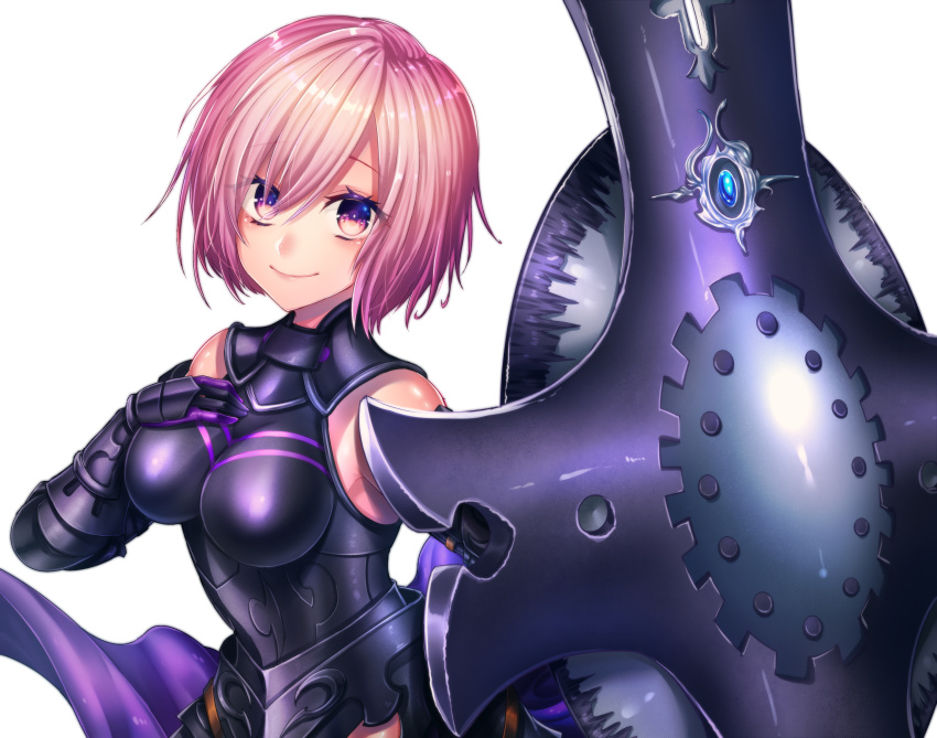 1girl absurdres armor armored_leotard bad_id bad_pixiv_id black_leotard breasts breasts_apart fate/grand_order fate_(series) faulds female_focus gauntlets hair_between_eyes highres kamuinii leotard looking_at_viewer mash_kyrielight mash_kyrielight_(demi-servant) medium_breasts pink_hair purple_eyes shield short_hair simple_background smile solo upper_body white_background