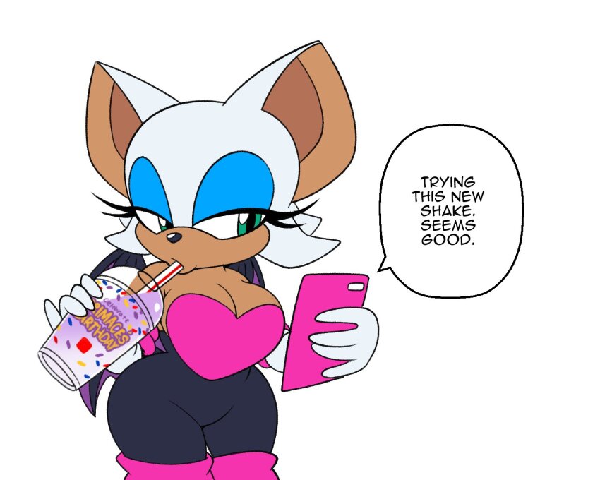 1girl animal_ears bat_ears bat_girl bat_tail bat_wings blue_eyeshadow breasts commentary cup drinking english_commentary english_text eyeshadow furry furry_female grimace_shake_(meme) highres holding holding_cup holding_phone large_breasts makeup meme omegasunburst phone rouge_the_bat solo sonic_(series) speech_bubble white_fur wings